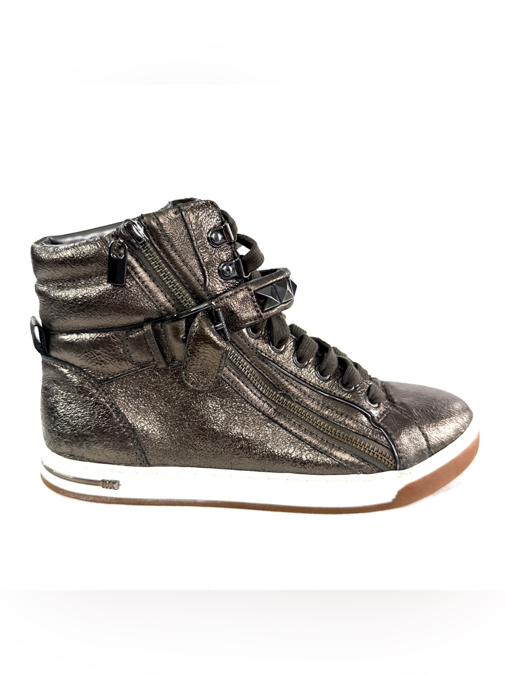 Michael Kors Women Size 9 Bronze Leather High Top Sneaker Side Zip Studs AQ13E